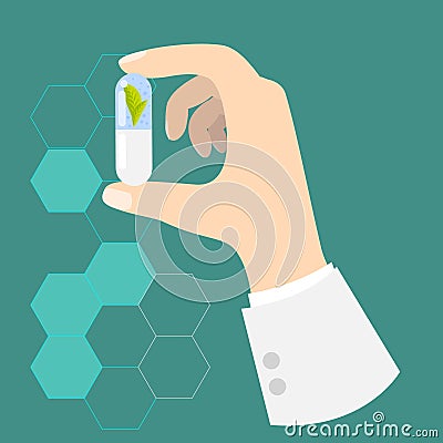 Hand of a doctor holding drug capsule. Vector Illustration