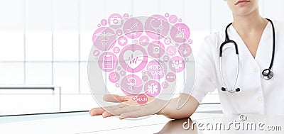 Hand doctor with medical heart icons Stock Photo