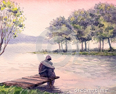 Watercolor landscape. Father and son by the lake Stock Photo