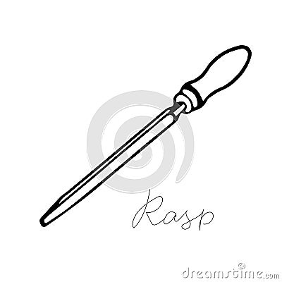 Hand-draw black vector illustration of metallic locksmith tool isolated on a white background with lettering rasp Vector Illustration