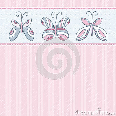 Hand draw butterflies on pink striped background Vector Illustration