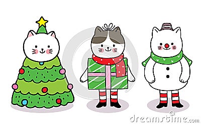 Hand draw cartoon cute Merry Christmas, Macot cats tree christmas and gift box and snowman vector. Vector Illustration