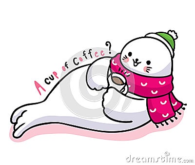Hand draw cartoon cute seal drink coffee vctor. Vector Illustration