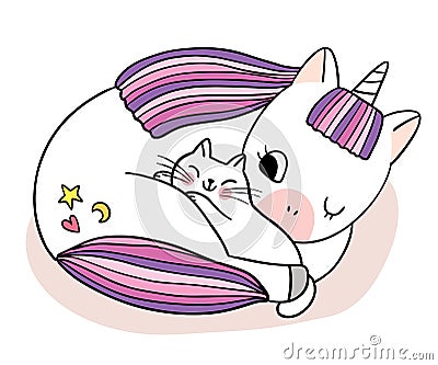 Hand draw cartoon cute unicorn hugging cat vector. Vector Illustration