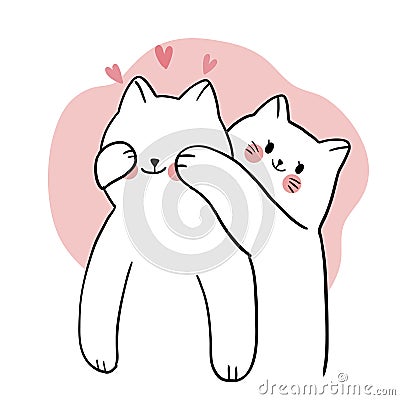 Hand draw cartoon cute Valentine day, Lovely couple white cats together vector. Vector Illustration