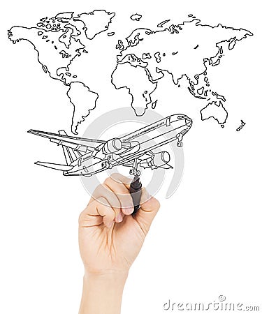 Hand draw a concept picture about world map and a airplane Stock Photo