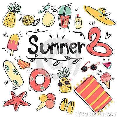 hand draw cute doodle icon summer collection flat vector illustration Vector Illustration