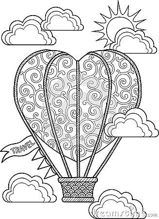 Hand draw doodle coloring page for adult. Journey in a balloon. Vector Illustration