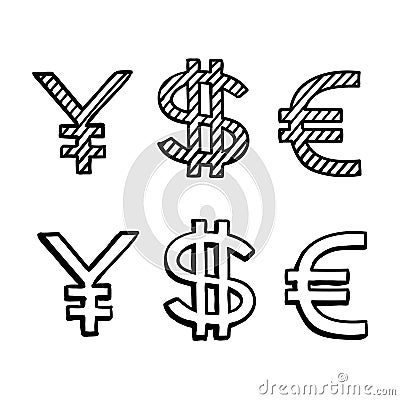 Hand draw doodle sketch money icon, dollar euro Vector Illustration