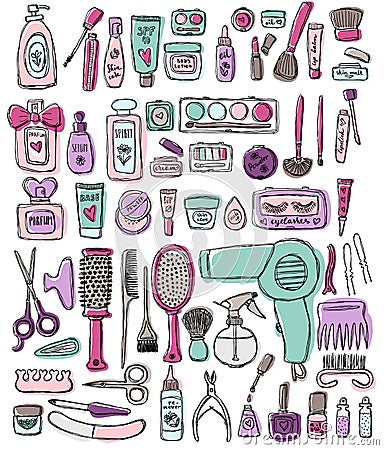 Hand draw elements of cosmetology, hairdressing, makeup and manicure. Cosmetic instrument isolated. Vector Illustration