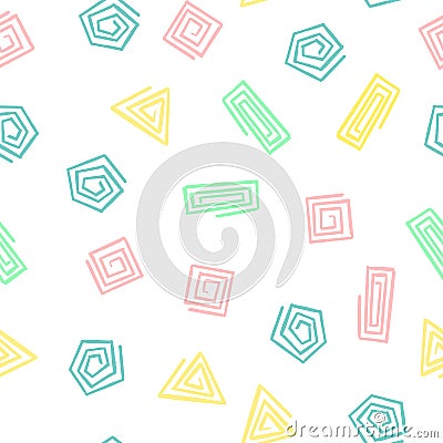 Hand Draw Geometric Shapes Spiral Seamless Pattern. Vector Endless Background of Triangles, Squares, Circles Vector Illustration