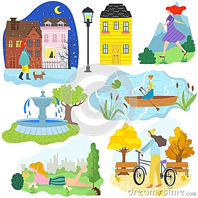 Hand draw girl outdoor activity different seasons and weather, woman cartoon character lifestyle vector illustration Vector Illustration