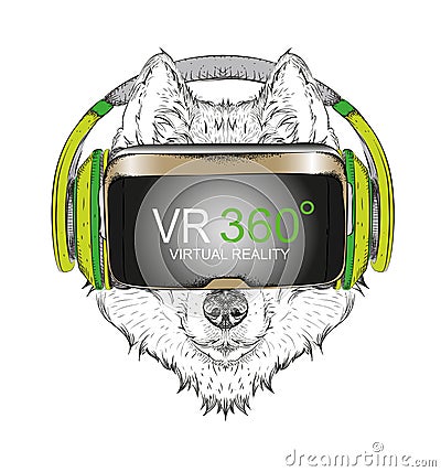 Hand draw husky portrait. Dog in virtual reality glasses . Hand draw vector illustration Vector Illustration