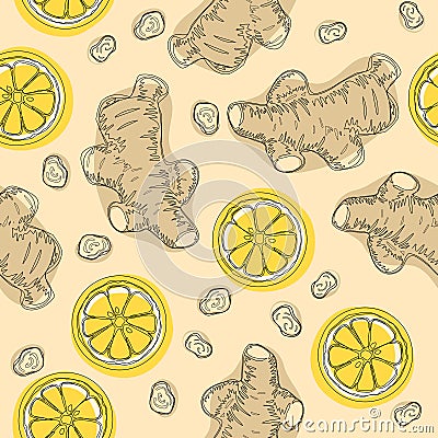 Hand draw ingredient for warming tea. Whole and sliced ginger roots with lemon. Vector seamless pattern Vector Illustration