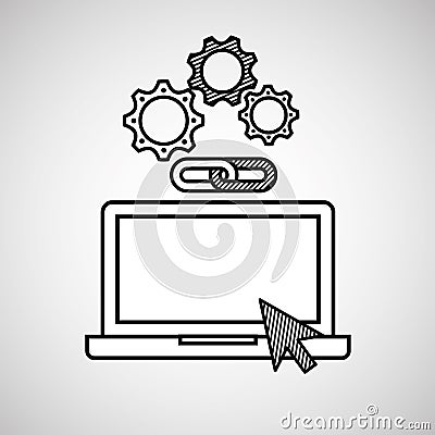 Hand draw laptop gear link web social network media Vector Illustration