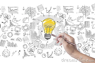 Hand draw lightbulb on wall background. concept for new ideas Stock Photo