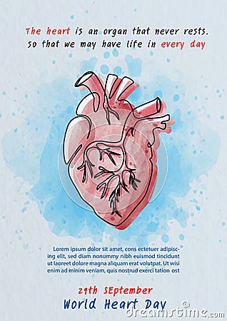 Hand draw and one line style in a Human heart shape with the name of event lettering, example texts on blue background. Poster's Vector Illustration