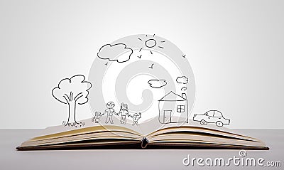 Hand draw in open book of lovely family on white background Stock Photo