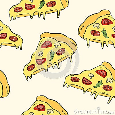 Hand draw pizza. Doodle pizza seamless pattern background. Fast food seamless pattern Vector Illustration