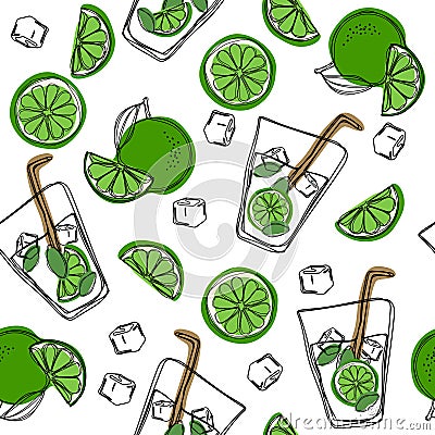 Hand draw seamless pattern glass of mojito, ice cubes, mint leaves, lime slice and whole lime. Alcohol cocktail. Vector illustrati Vector Illustration