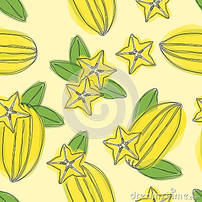 Hand draw seamless pettern with star fruit carambola on yellow background. Stock Photo