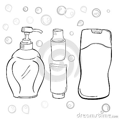 Simple Hand Draw Sketch Blank Liquid Soap, Shampoo, Mouth Wash, Tooth Paste, Water Drop and Bubble Vector Illustration