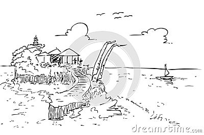 Hand draw sketch of Lot Land bali beach and temple, indonesia Stock Photo