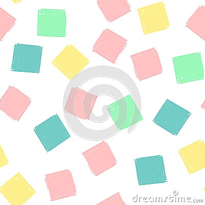 Hand Draw Squares Pattern Kids Blue, Pink, Mint, Yellow. Vector Endless Background pencil Texture of squares Vector Illustration