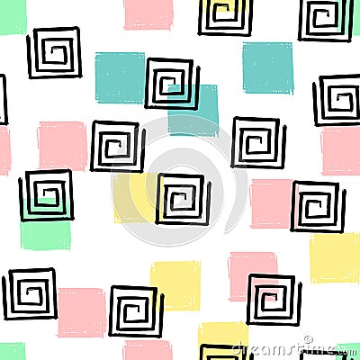 Hand Draw Squares spiral Pattern Kids Blue, Pink, Mint, Yellow. Vector Endless Background pencil Texture Vector Illustration