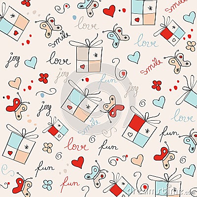 hand draw texture - seamless pattern with hearts, gifts, butterflies, flowers and texts Cartoon Illustration