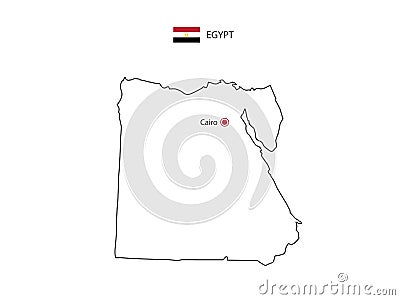 Hand draw thin black line vector of Egypt Map with capital city Cairo Vector Illustration