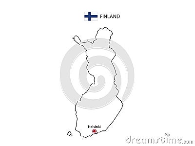 Hand draw thin black line vector of Finland Map with capital city Helsinki Vector Illustration