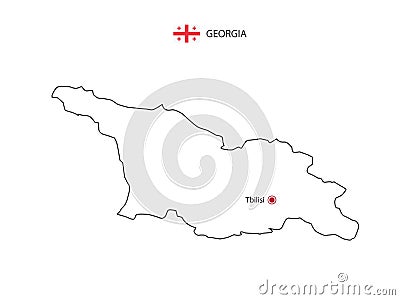 Hand draw thin black line vector of Georgia Map with capital city Tbilisi Vector Illustration