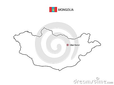 Hand draw thin black line vector of Mongolia Map with capital city Ulan Bator Vector Illustration