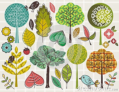 Hand draw trees and leafs over checked background Vector Illustration