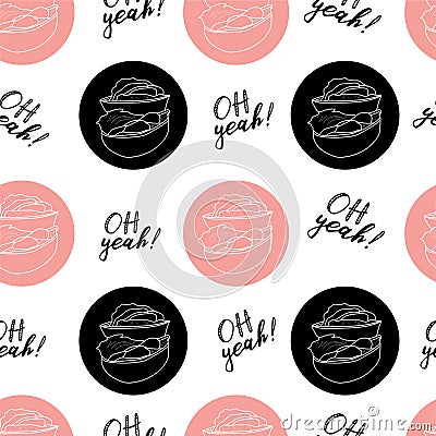 Hand draw vector illustration on white background. pink color. American hamburger, Cheeseburger. Lettering. Seamless pattern Vector Illustration