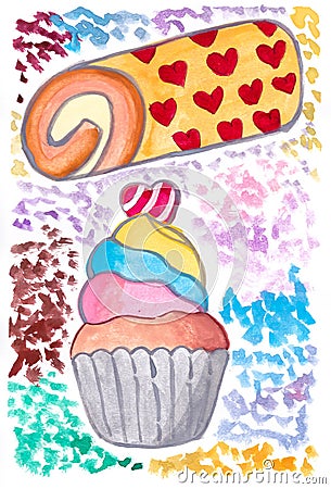 Hand draw watercolor of cupcake and roll cake illustration Cartoon Illustration