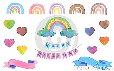 Hand draw watercolor illustration. Cute rainbows and hearts. Cartoon Illustration