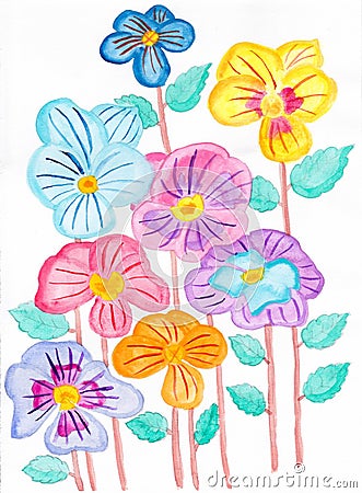 Hand draw watercolor of Pansies Flower illustration Cartoon Illustration