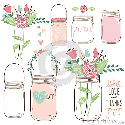 Hand Draw Wedding flower Mason Jar Vector Illustration