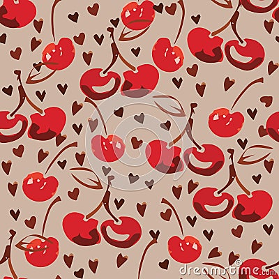 Hand drawind red cherry pattern Vector Illustration