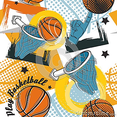 Hand drawing basketball graffiti pattern. Abstract fashion orange ball and basket for T-shirt or wallpaper. Sport game Vector Illustration
