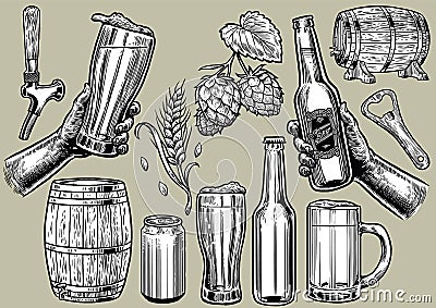 Hand drawing of beer objects in set Vector Illustration