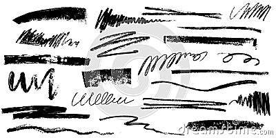 Hand drawing black charcoal pencil lines, smears and squiggles set Vector Illustration