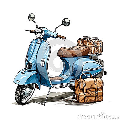 hand drawing blue italian vintage motorbike with brown lether seat, parasol stuck in luggage carrier, white background, Generative Stock Photo