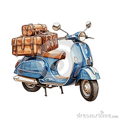 hand drawing blue italian vintage motorbike with brown lether seat, parasol stuck in luggage carrier, white background, Generative Stock Photo