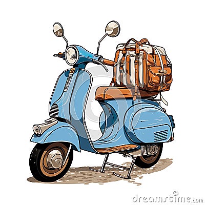 hand drawing blue italian vintage motorbike with brown lether seat, parasol stuck in luggage carrier, white background, Generative Stock Photo