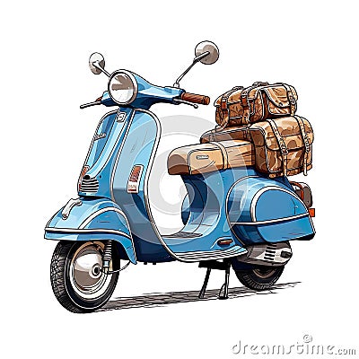 hand drawing blue italian vintage motorbike with brown lether seat, parasol stuck in luggage carrier, white background, Generative Stock Photo