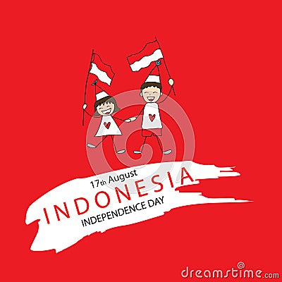 Hand drawing boy and girl holding flag. Independence day of Indonesia. Stock Photo