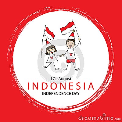 Hand drawing boy and girl holding flag. Independence day of Indonesia. Stock Photo